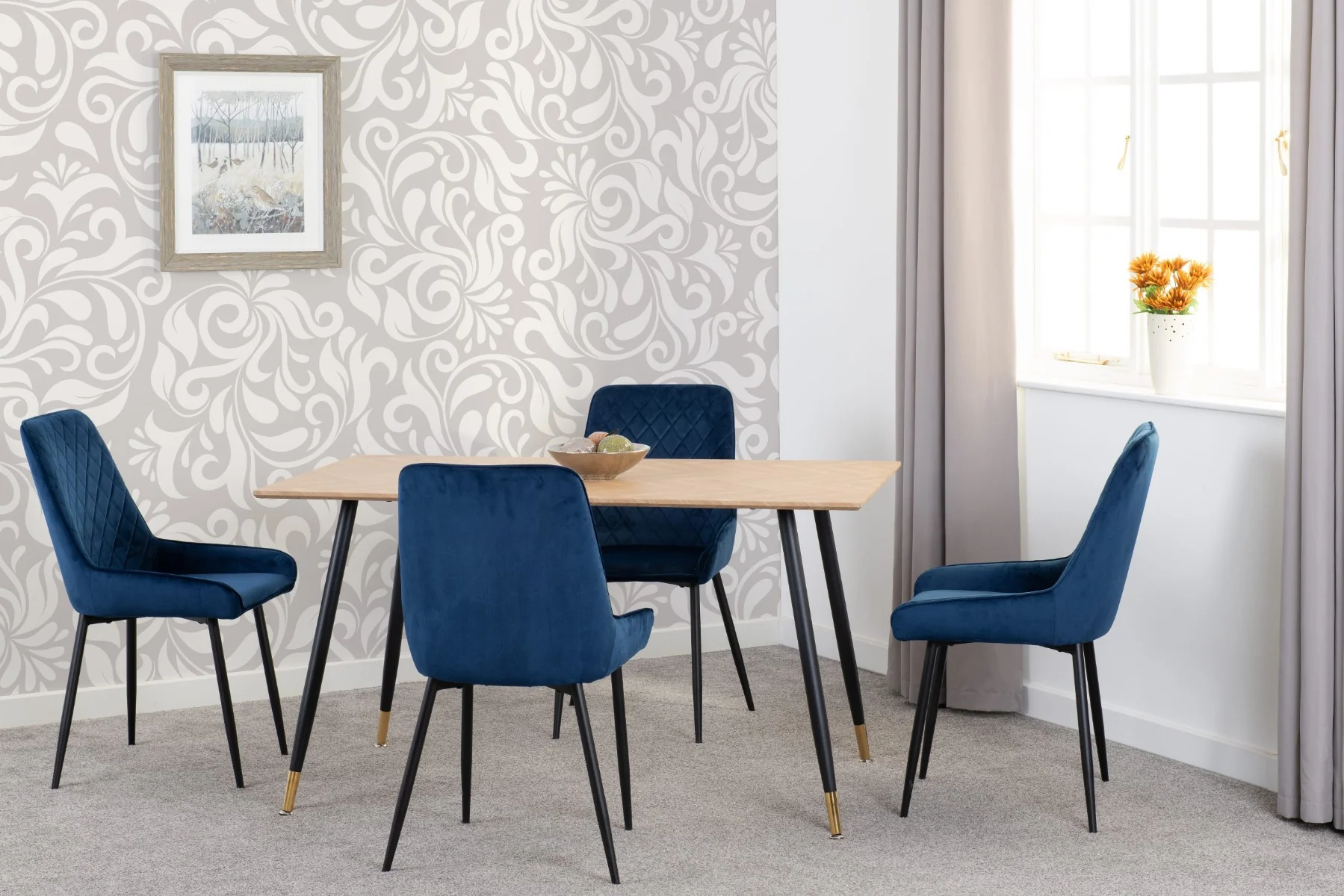 Hamilton Medium Dining Set with Avery Chairs in Medium Oak Effect - Black & Sapphire Blue Velvet