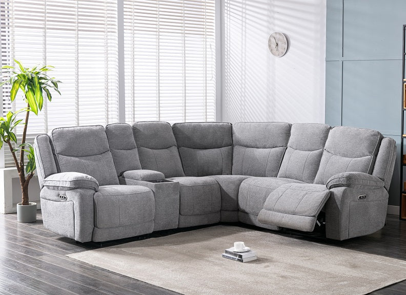 Herbert Powered Corner Sofa – Light Grey Fabric with USB Charging - Image 5