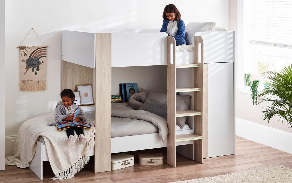 Horizon Bunk Bed - Pale Wood & White Finish with Built-in Storage & Glow-in-the-Dark Steps