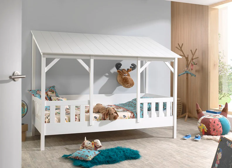 House Bed With Roof & 17 Slatted Base – White Lacquered Pine