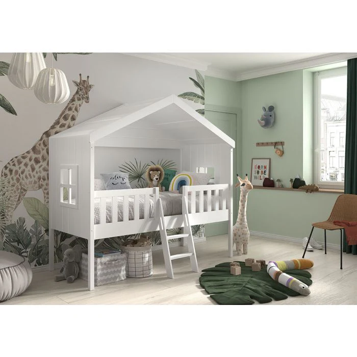 HOUSEBED Bed with Ladder 90 x 200 cm – White Scandinavian Pine with Under-Bed Storage