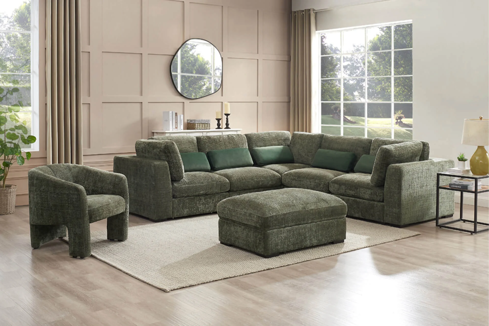 Humphrey Corner Arm Sectional – Green Chenille with Pocket Sprung Seats 1000mm - Image 3