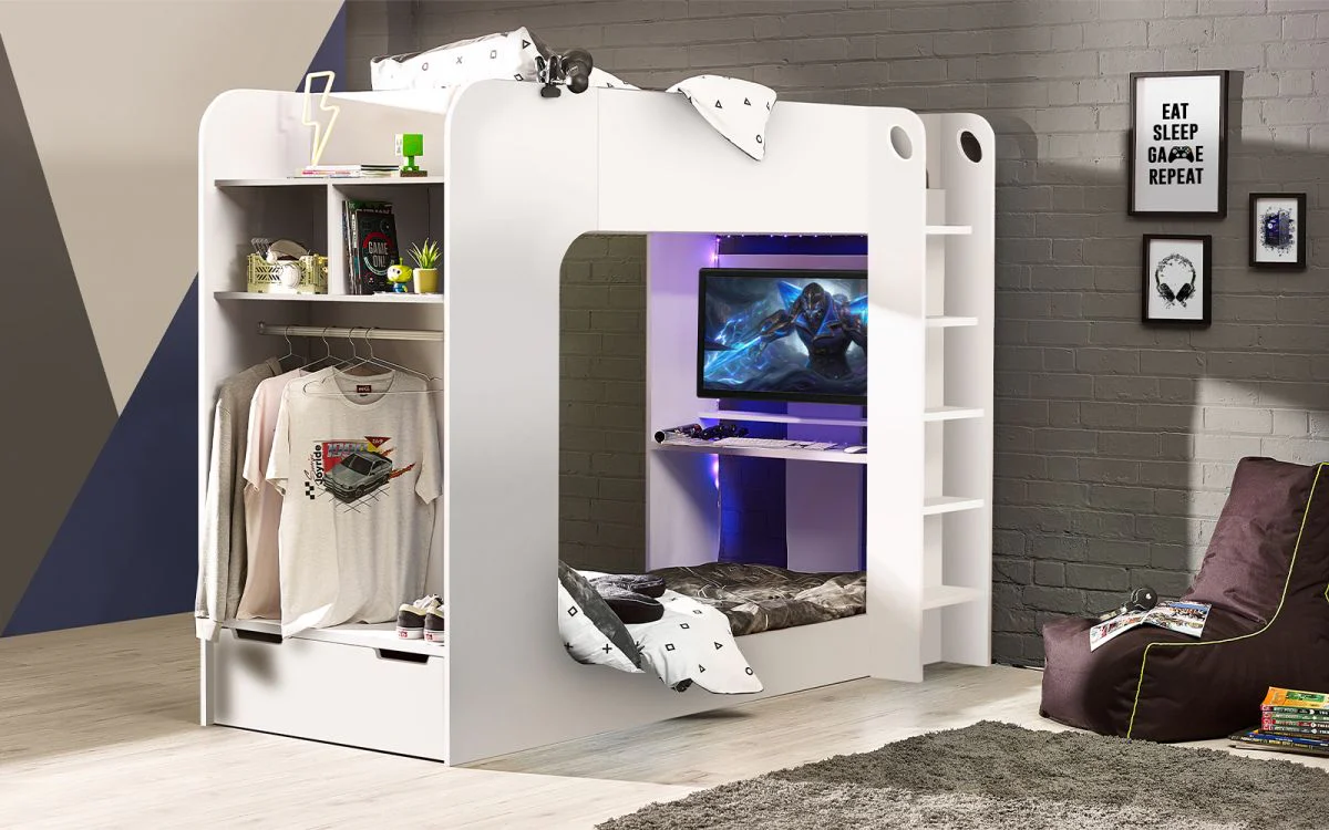 Impact Gaming Bunk – White with Underbed Desk