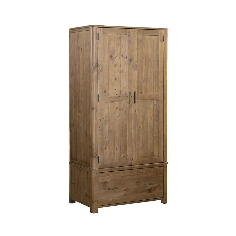 Inola 2 Door 1 Drawer Wardrobe – Reclaimed Pine with Brass Handles