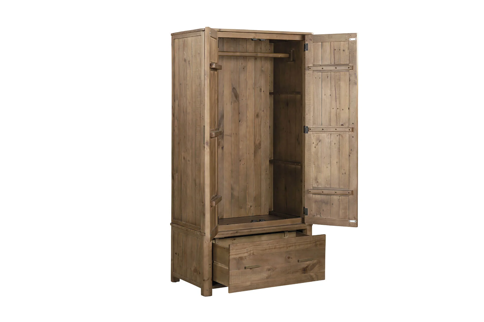 Inola 2 Door 1 Drawer Wardrobe – Reclaimed Pine with Brass Handles - Image 16