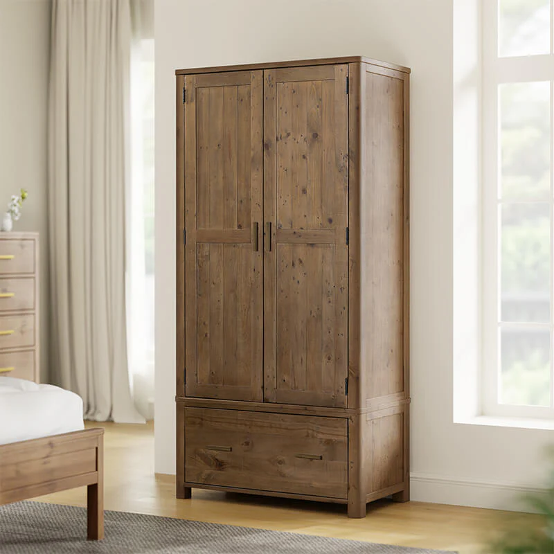 Inola 2 Door 1 Drawer Wardrobe – Reclaimed Pine with Brass Handles - Image 4