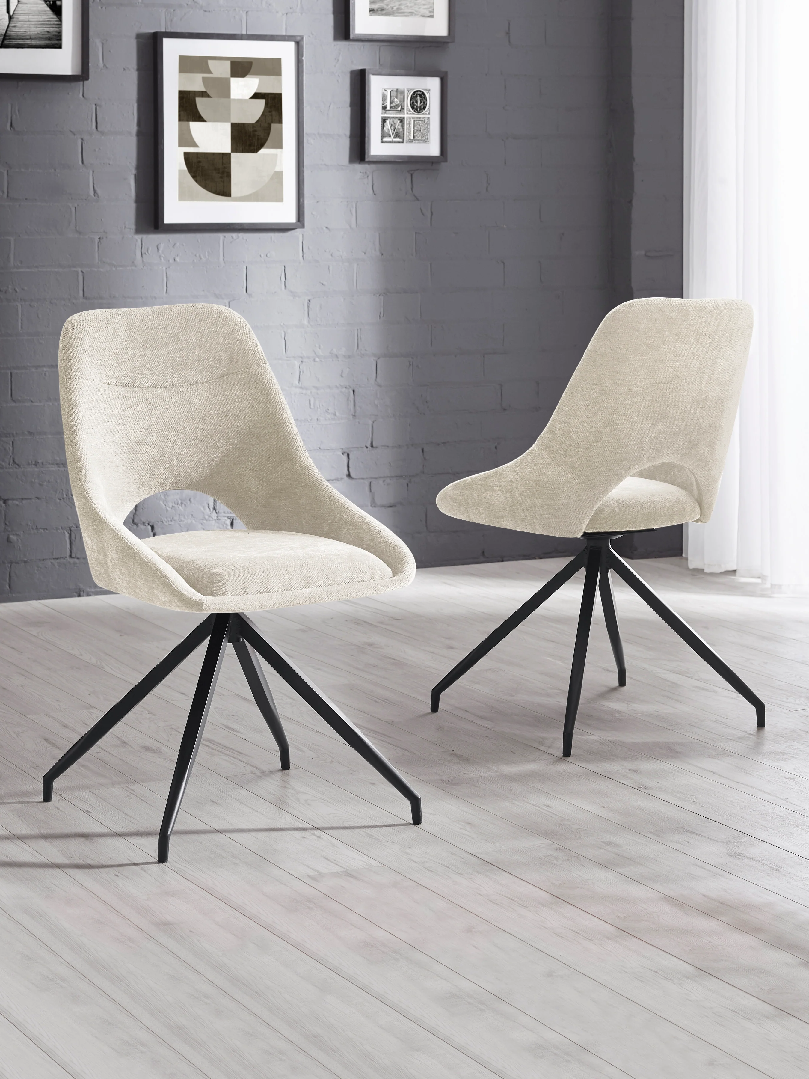 Jonah Set of 2 Dining Chairs – Cream Chenille Upholstered with Swivel Function