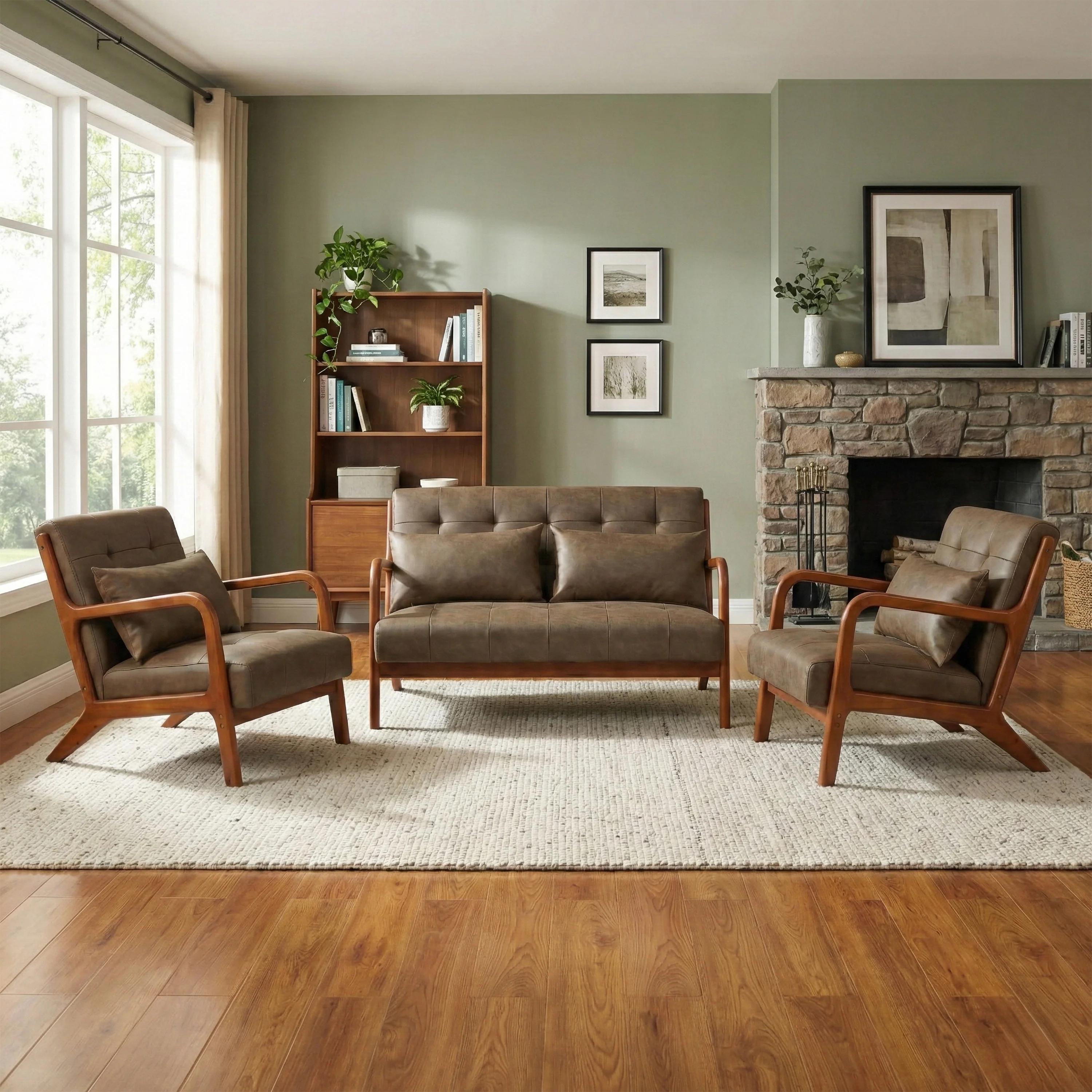 Juniper 2+1+1 Sofa Set – Brown PU Upholstery with Wooden Accents - Image 10