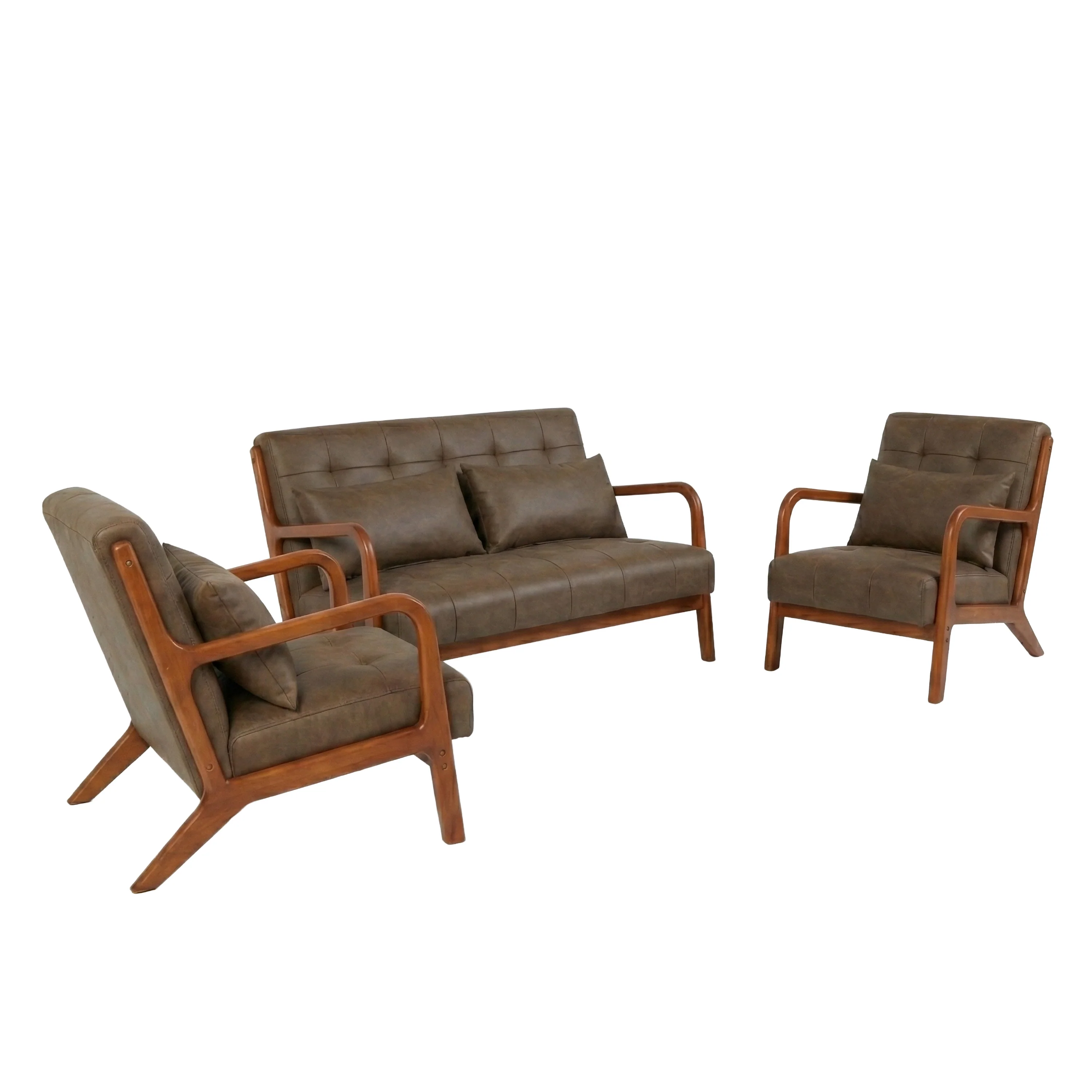 Juniper 2+1+1 Sofa Set – Brown PU Upholstery with Wooden Accents - Image 3