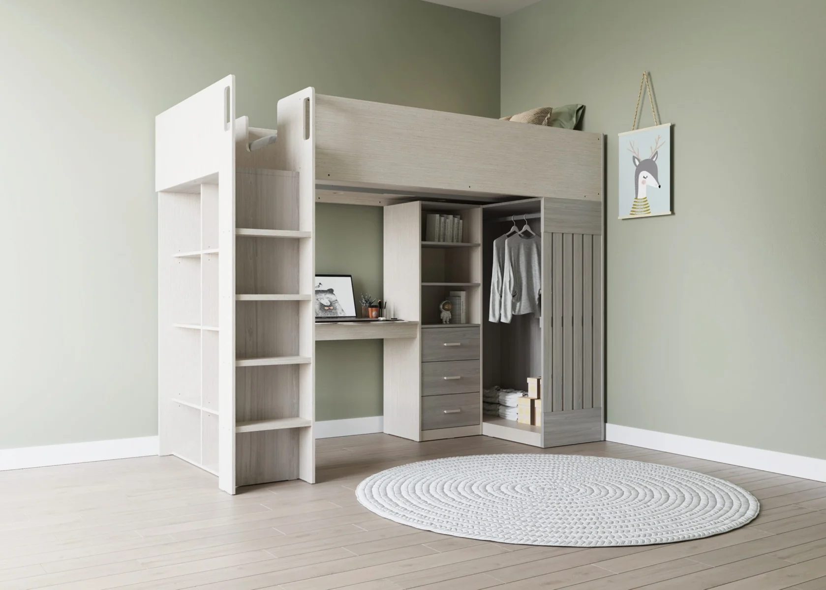 Jupiter High Sleeper – White with Integrated Storage and Desk