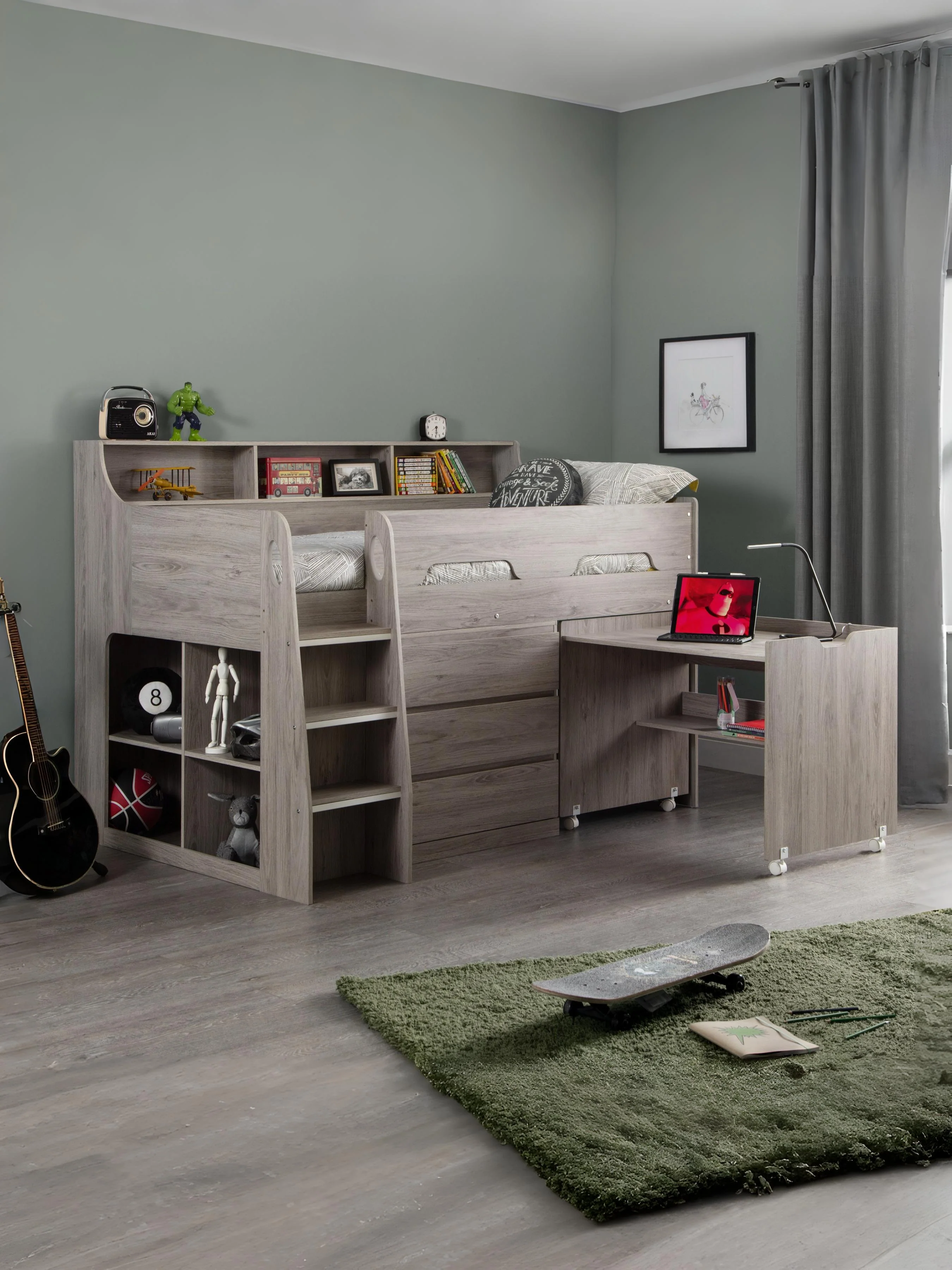 Jupiter Midsleeper – Grey Oak with Pull-Out Desk
