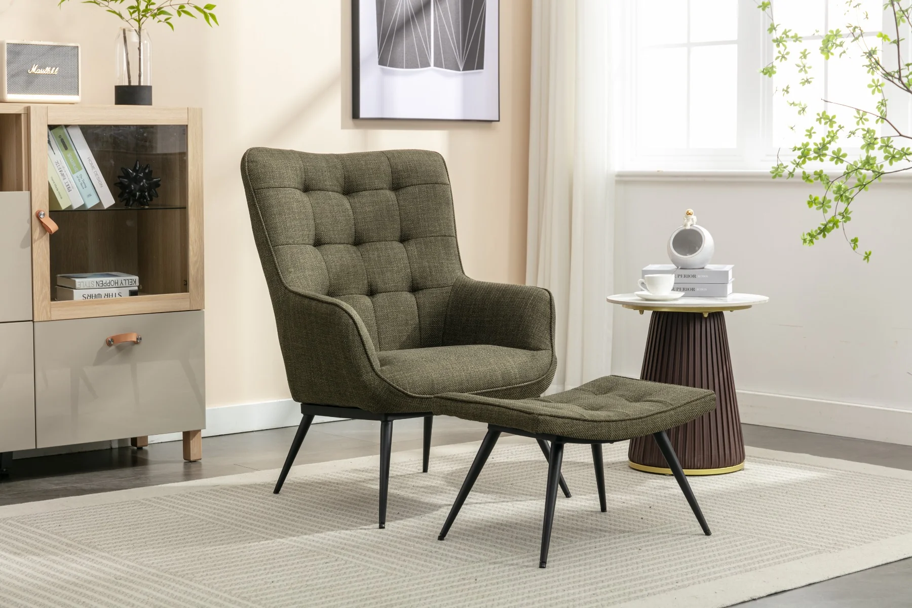 Katelyn Accent Chair with Stool – Moss Green Fabric