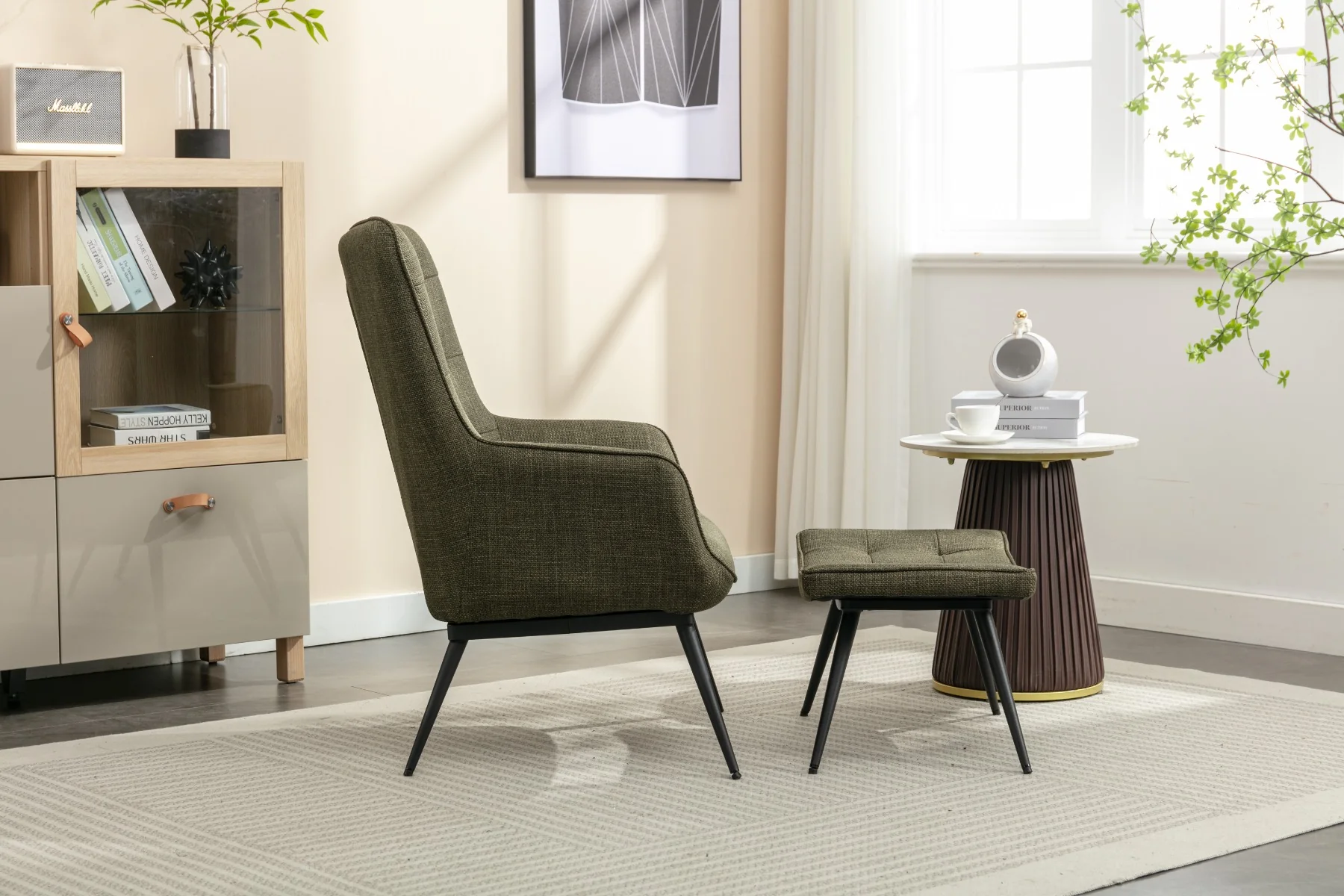 Katelyn Accent Chair with Stool – Moss Green Fabric - Image 2