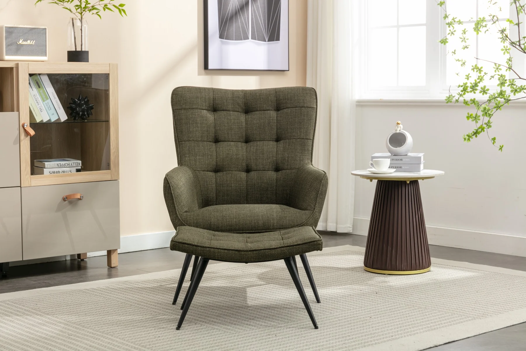 Katelyn Accent Chair with Stool – Moss Green Fabric - Image 4