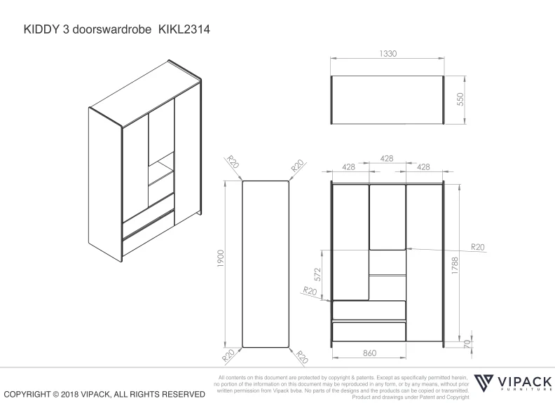 Kiddy White Three Door wardrobe - Image 4