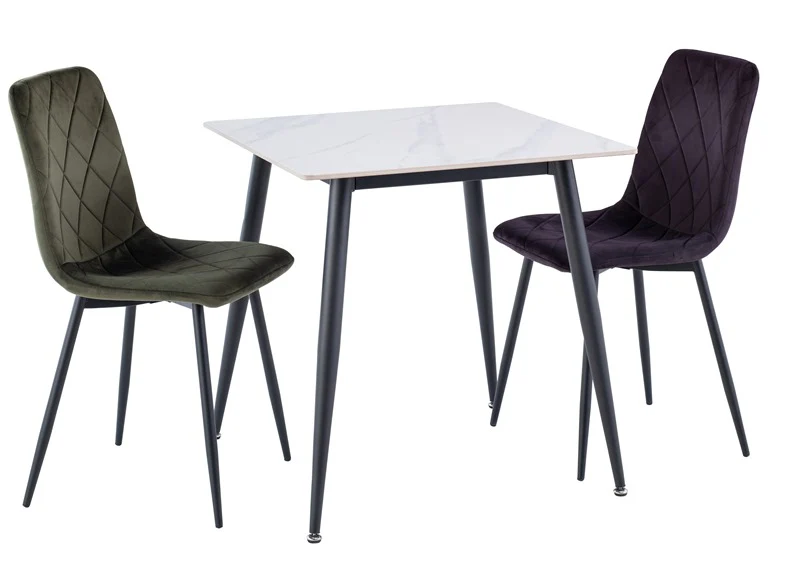 Lavina White Table with Bella Velvet Chairs – Square Dining Set for 2-4 People