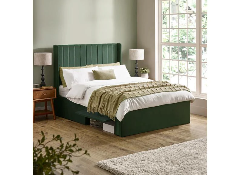 Leila Bottle Green Fabric Bed with Winged Headboard & Underbed Storage