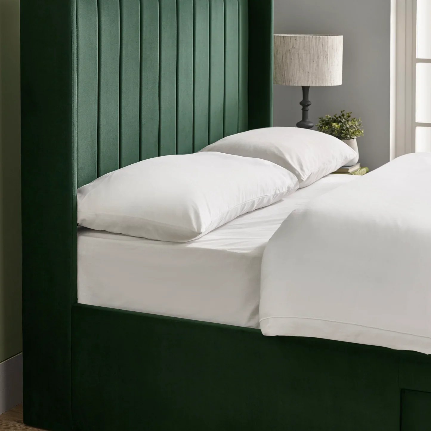 Leila Bottle Green Fabric Bed with Winged Headboard & Underbed Storage - Image 6