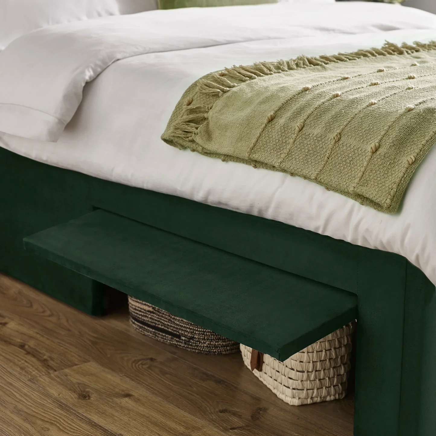 Leila Bottle Green Fabric Bed with Winged Headboard & Underbed Storage - Image 7