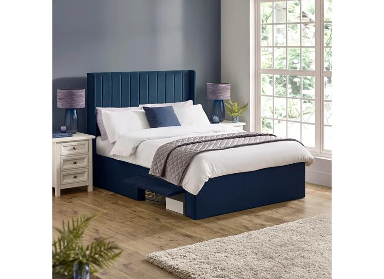 Leila Royal Blue Fabric Bed with Winged Headboard & Underbed Storage