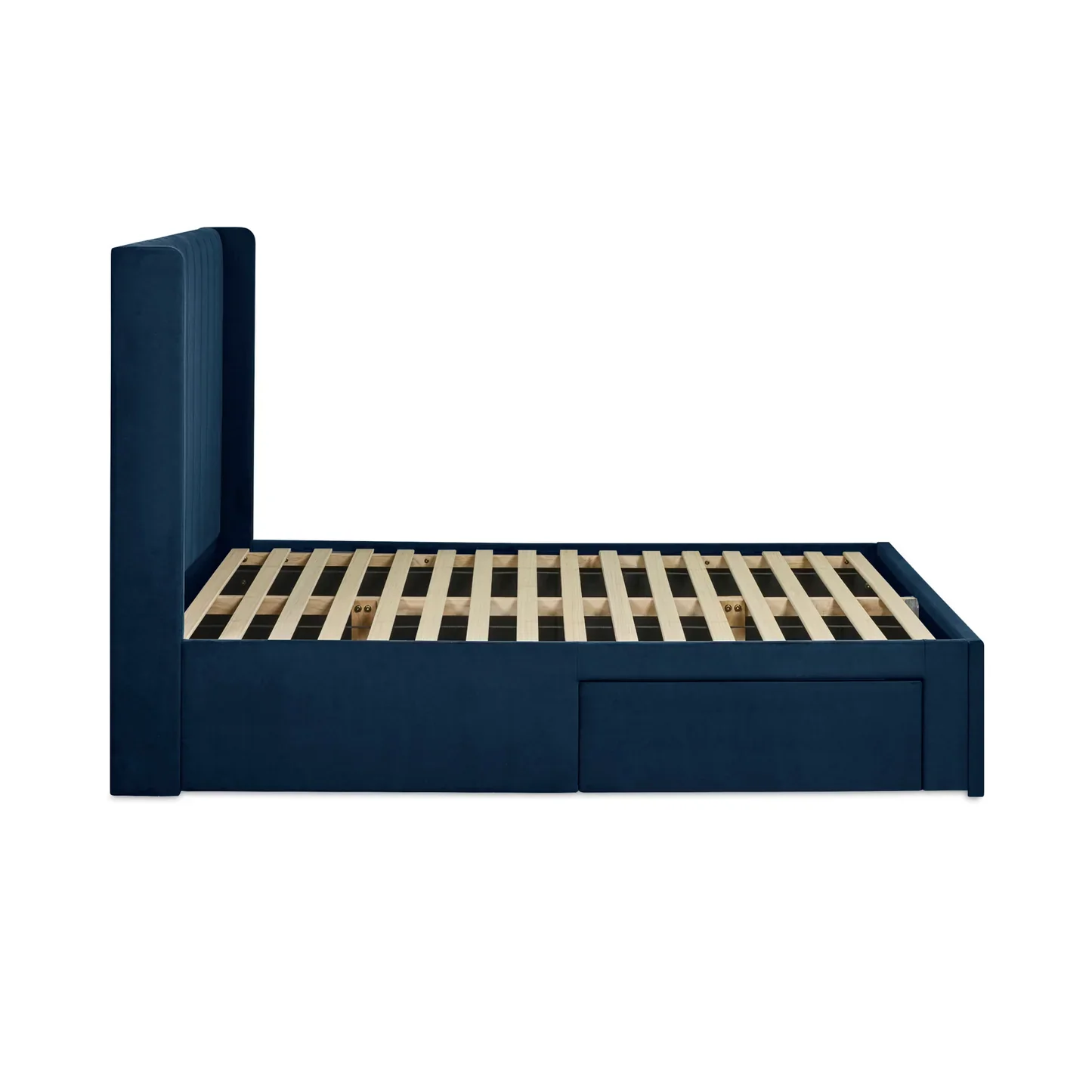 Leila Royal Blue Fabric Bed with Winged Headboard & Underbed Storage - Image 4