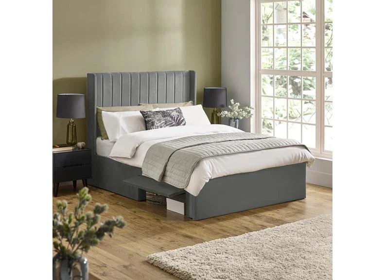 Leila Steel Grey Fabric Bed with Winged Headboard & Underbed Storage – Modern Upholstered Storage Bed