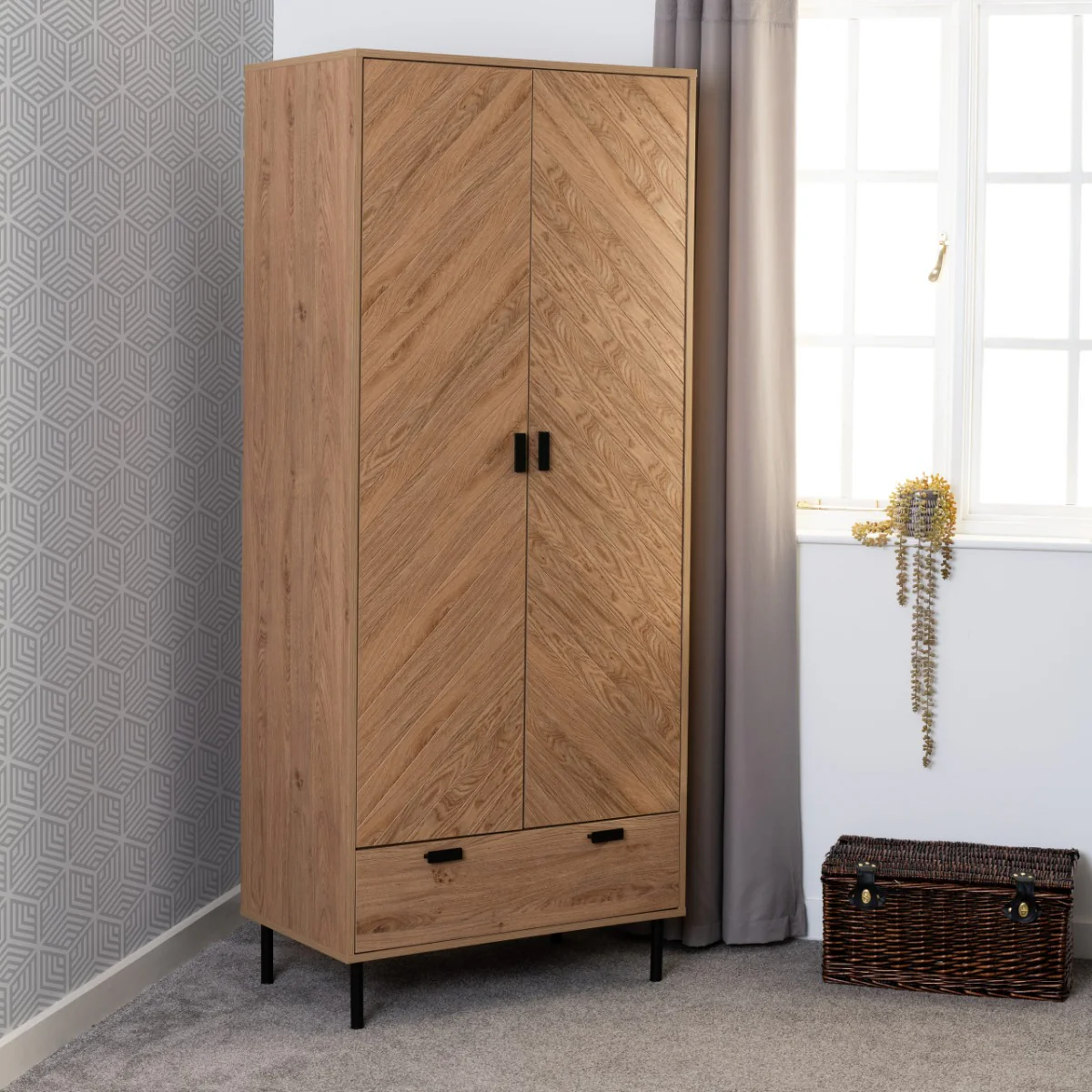 Leon 2 Door 1 Drawer Wardrobe – Medium Oak Effect 800mm
