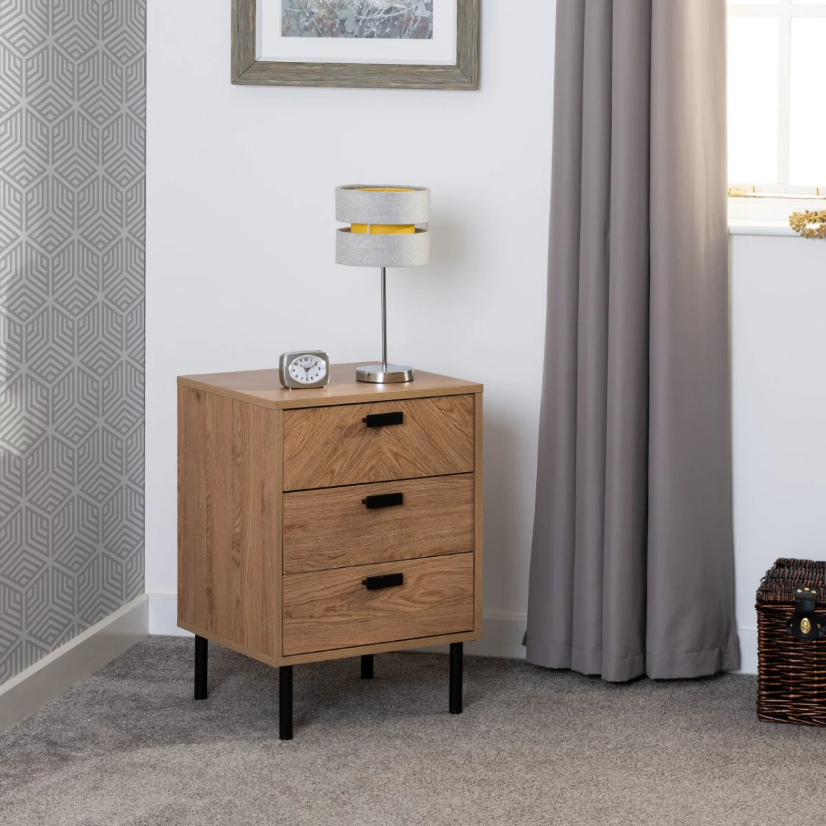 Leon 3-Drawer Bedside Table – Medium Oak Effect with Metal Feet 450mm