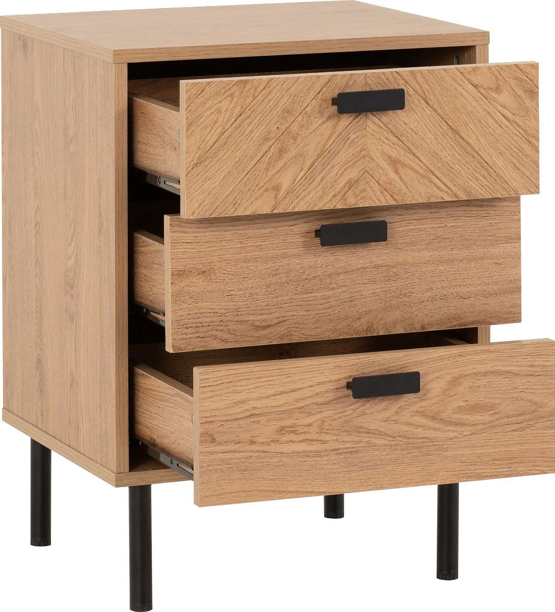 Leon 3-Drawer Bedside Table – Medium Oak Effect with Metal Feet 450mm - Image 3