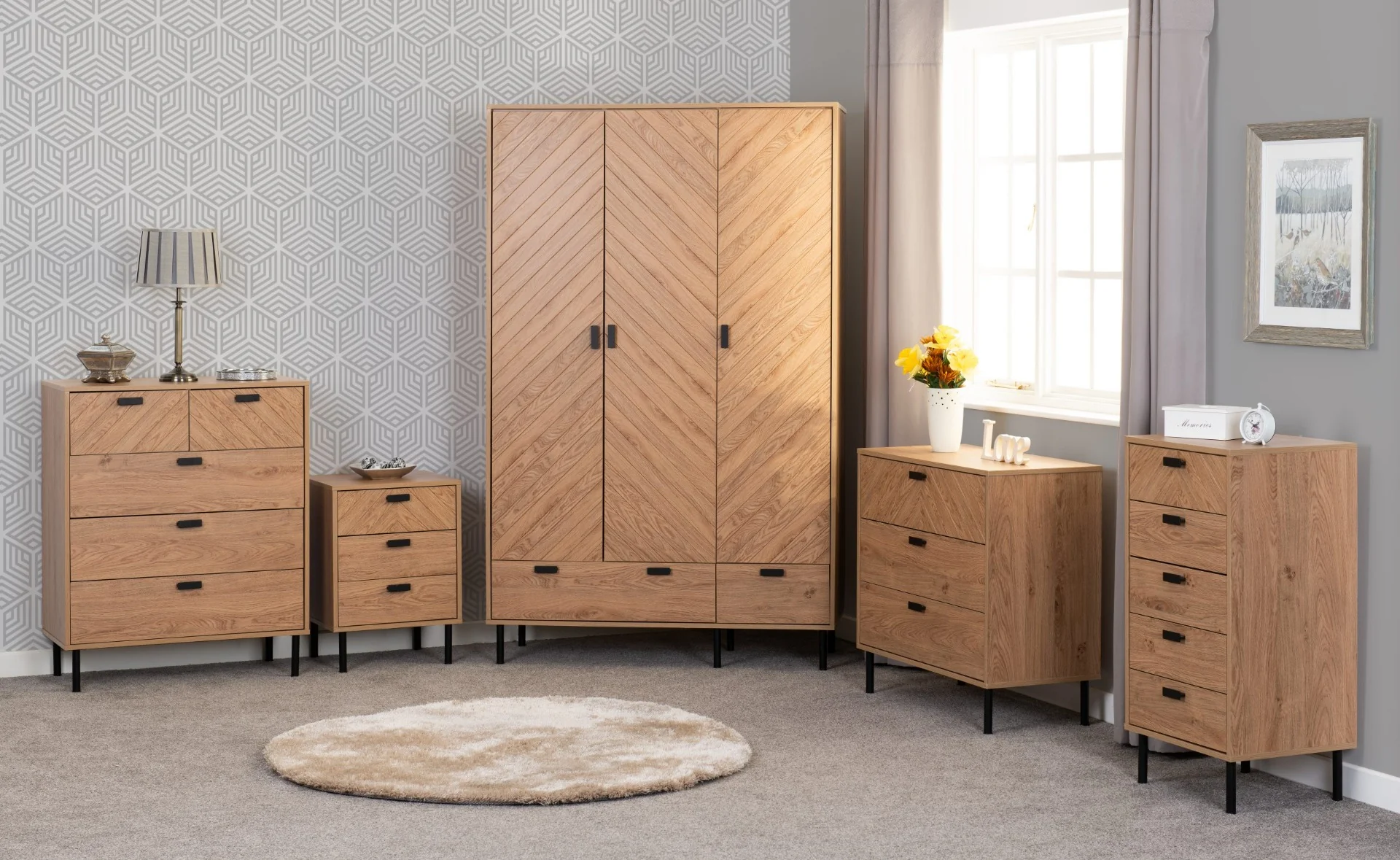 Leon 3-Drawer Bedside Table – Medium Oak Effect with Metal Feet 450mm - Image 6