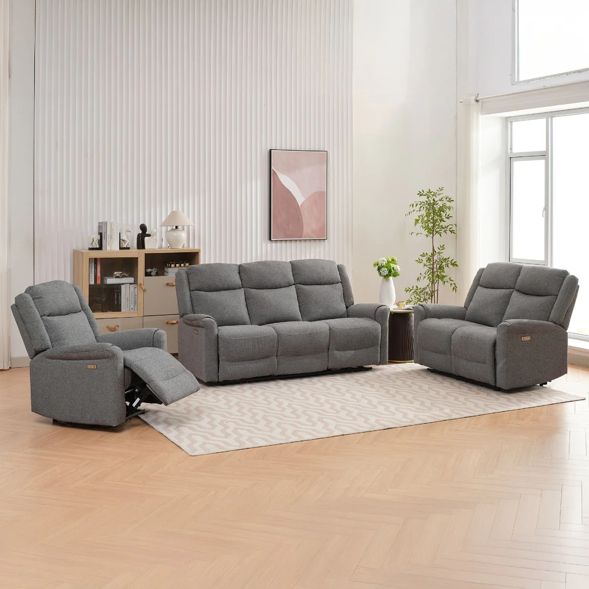 Lexus 3+1+1 Electric Reclining Suite – Grey Fabric with USB Charging Port