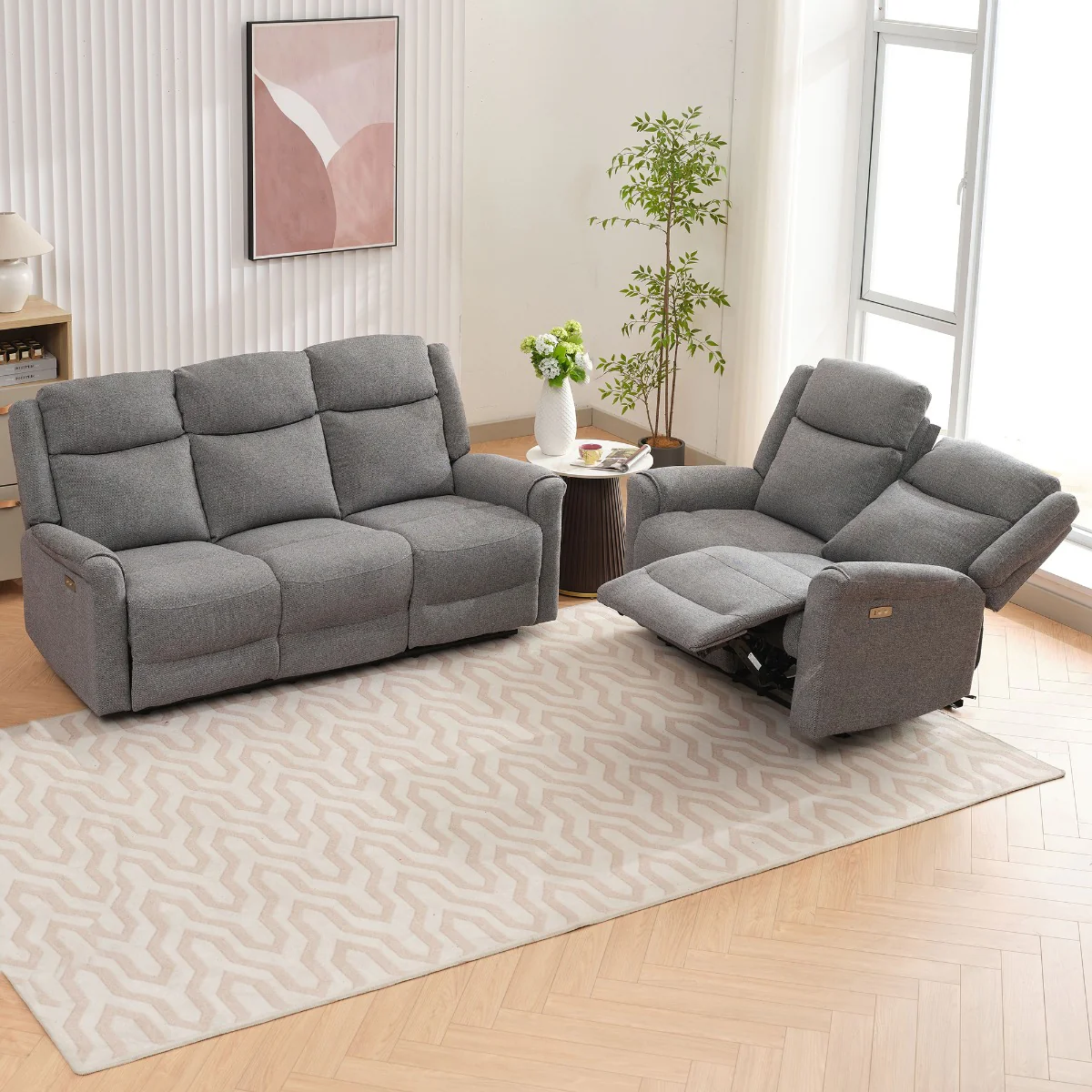 Lexus 3+2 Electric Reclining Suite – Grey Fabric with USB Charging Port