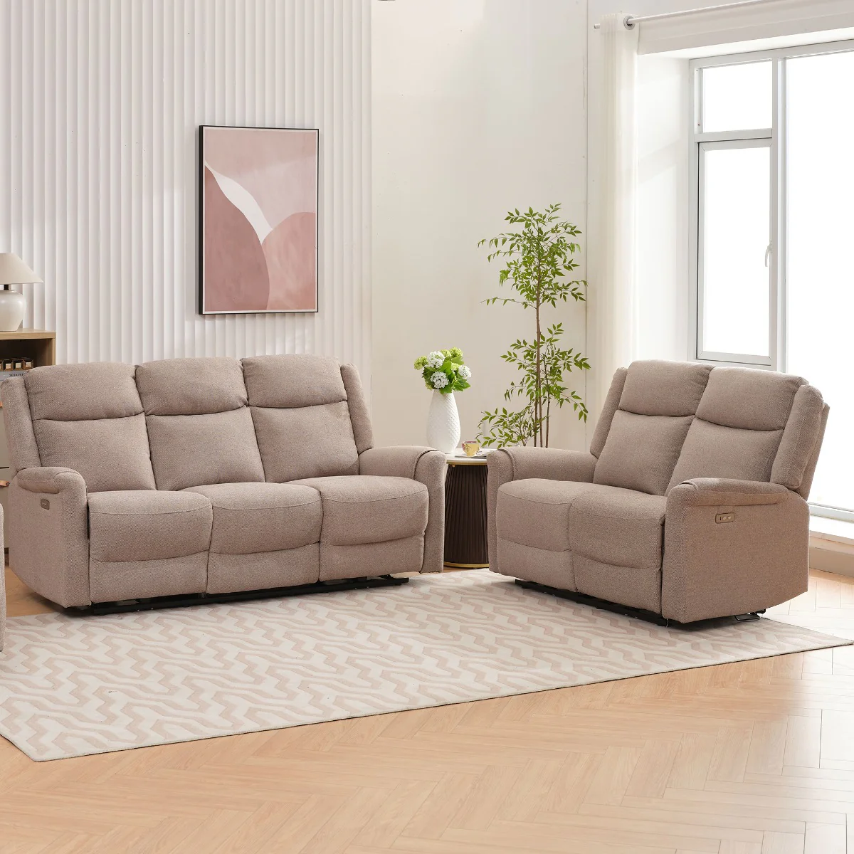 Lexus 3+2 Electric Reclining Suite – Taupe Fabric with USB Charging 3 Seater & 2 Seater