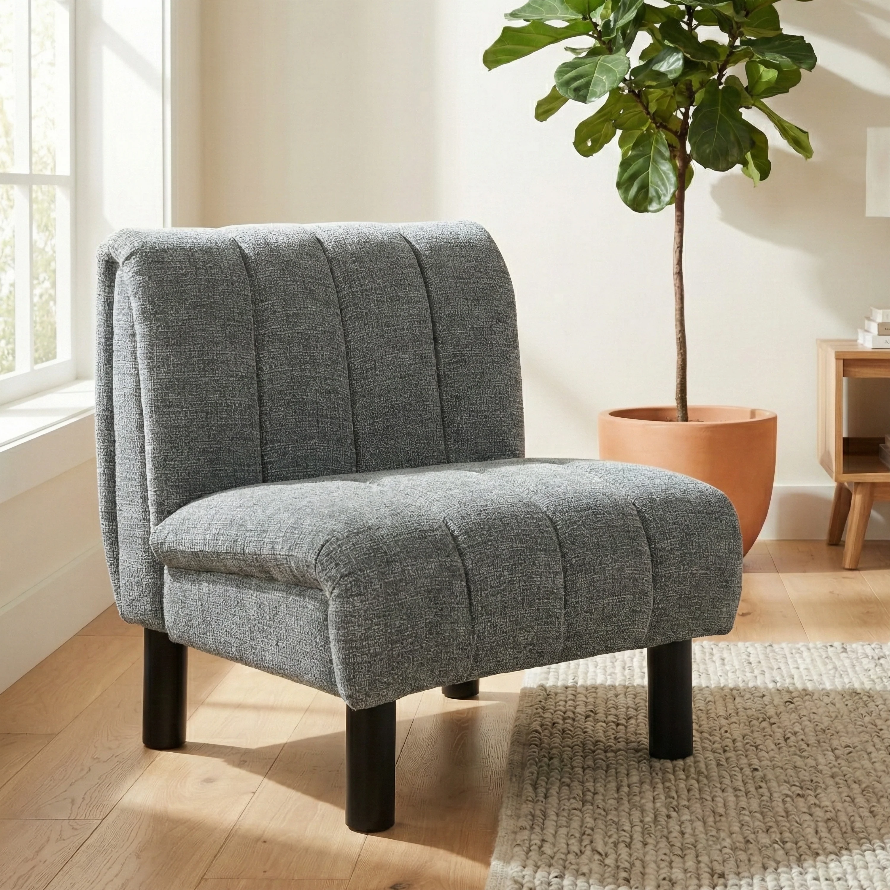 Lily Chair – Grey Lounge Chair with Deep Channel Stitching