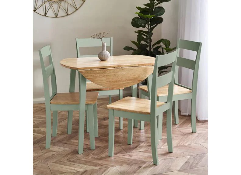 Linwood Dropleaf Dining Set – Oak Top with Sage Green Chairs