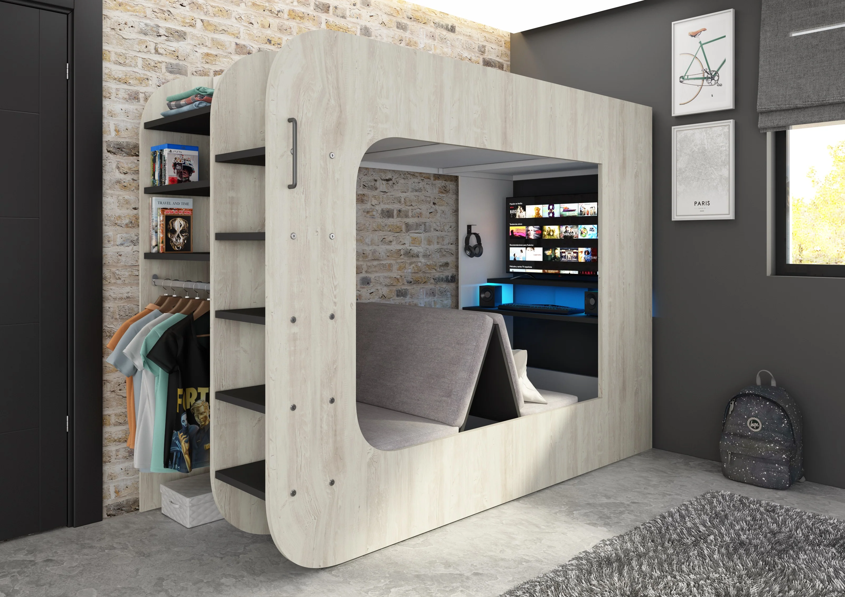 M-Space Oak Single Gaming Bed – High Sleeper with Integrated Desk and LED Lighting 190x90cm - Image 2