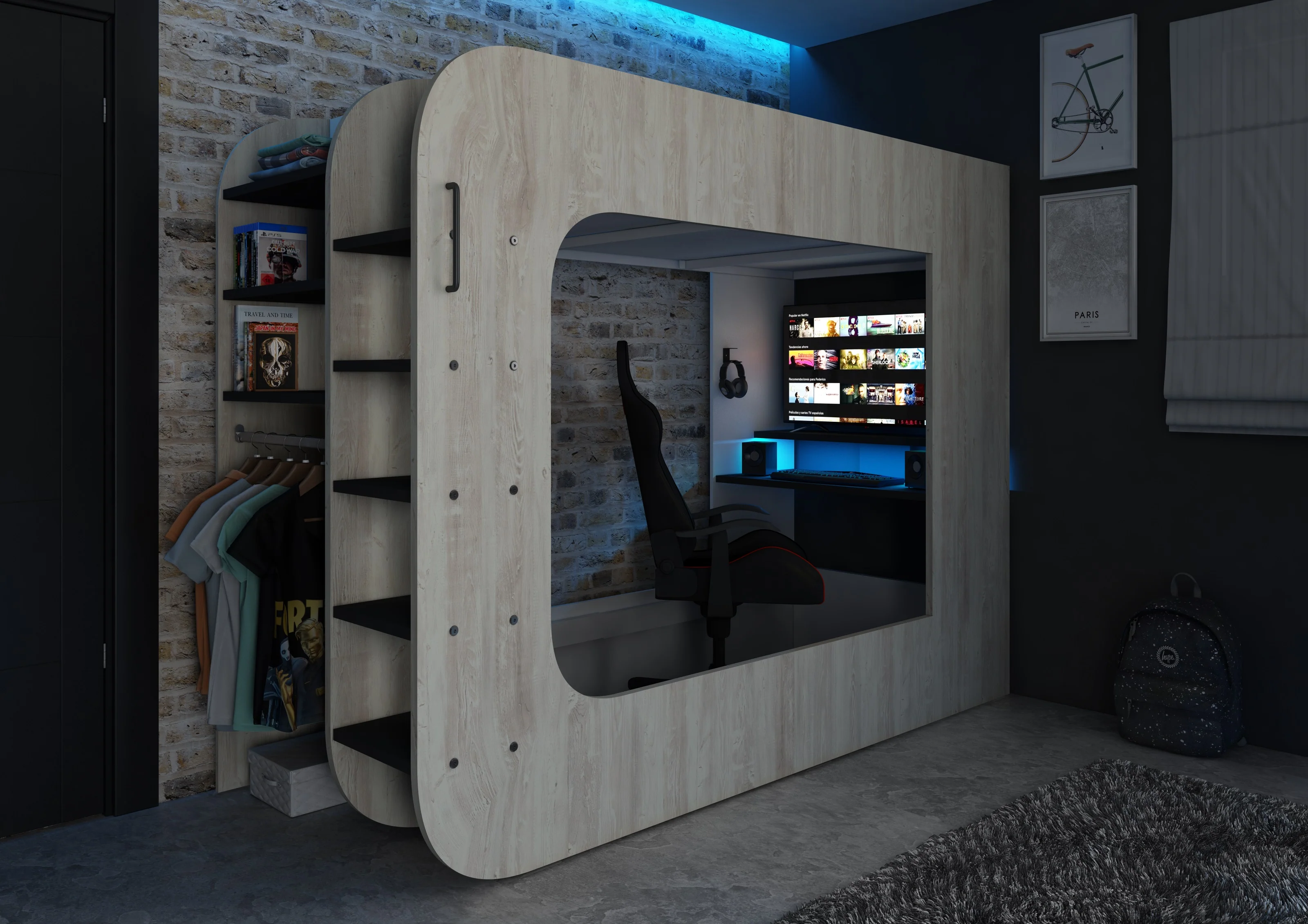 M-Space Oak Single Gaming Bed – High Sleeper with Integrated Desk and LED Lighting 190x90cm - Image 4