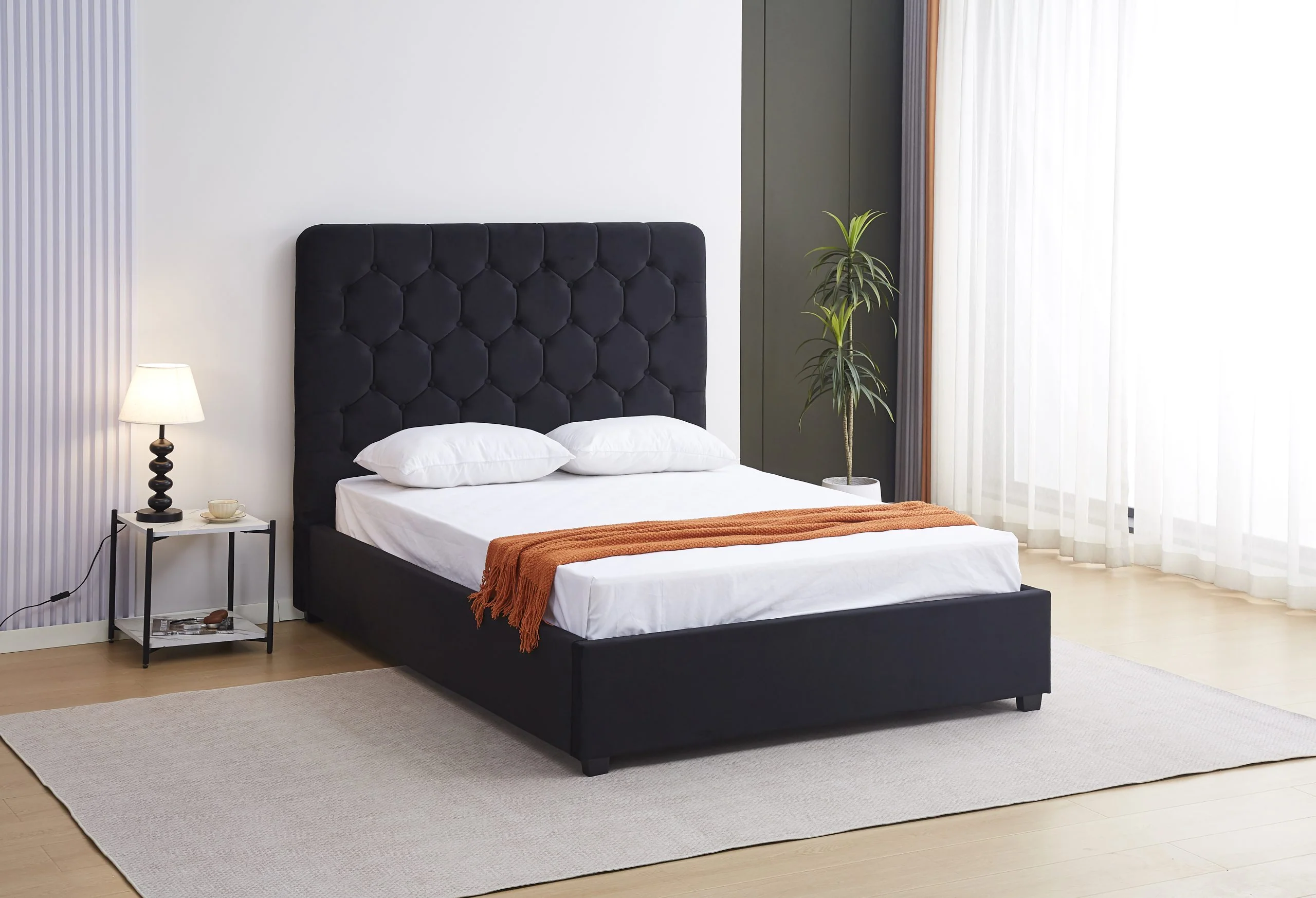MADISON 5' OTTOMAN BED – Black Velvet with Gas Lift Storage