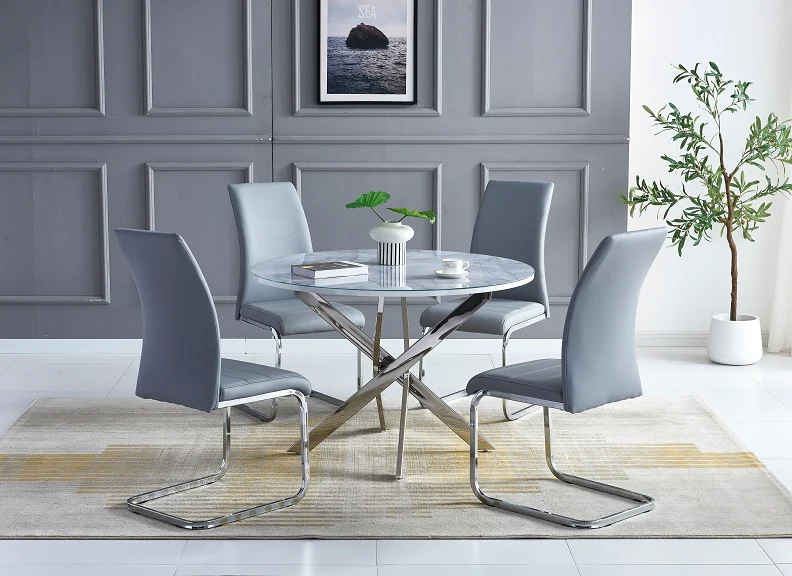 Marissa Round Dining Set – Glass Top with Four Grey PU Chairs