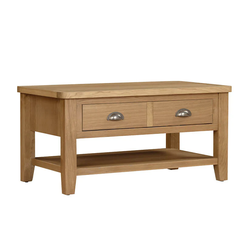 Marsden Coffee Table 90cm – Natural Oak with Dual-Sided Drawer