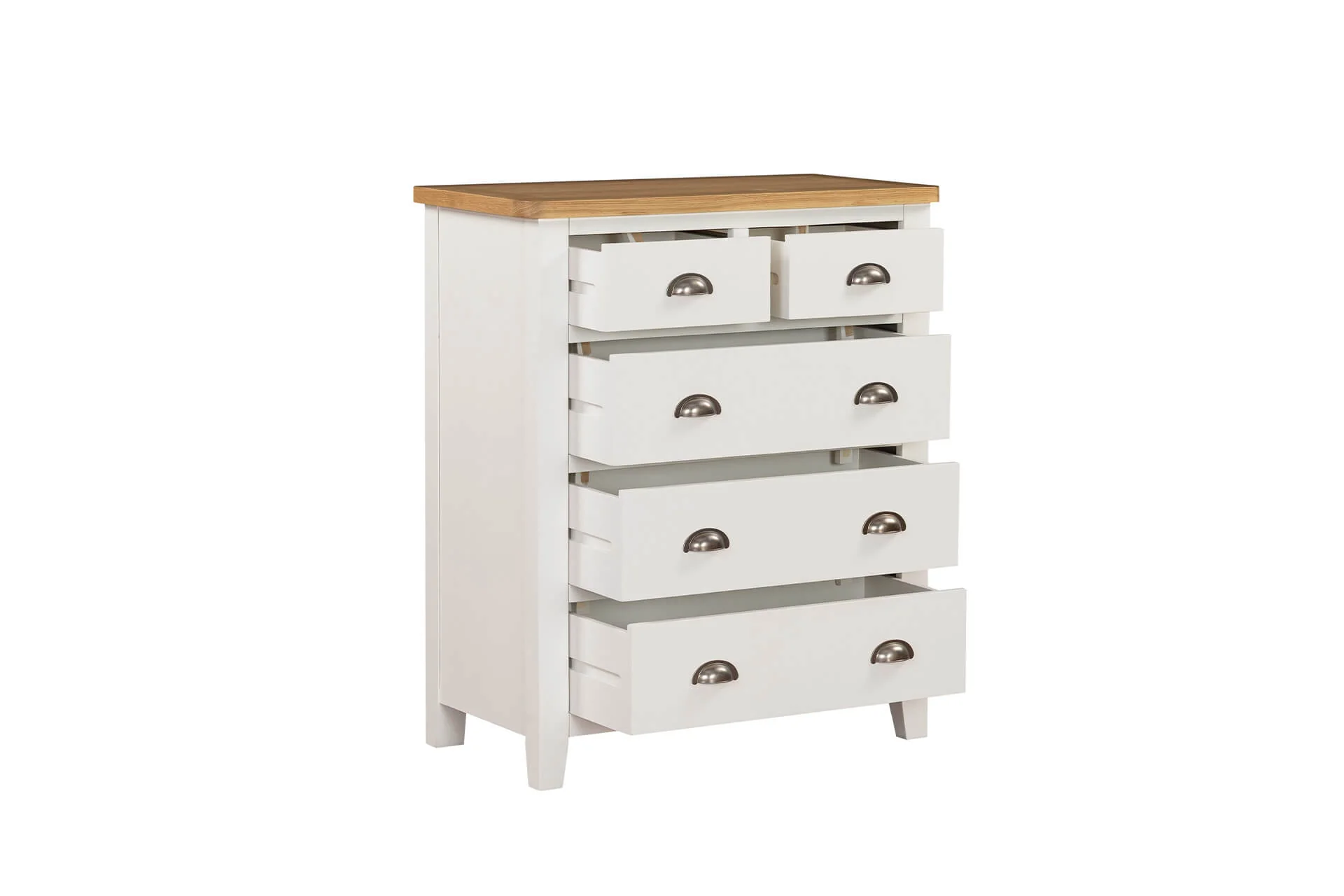 Mellor 5 Drawer Tall Chest – Cashmere Finish with Oak Veneer Top 950mm - Image 11