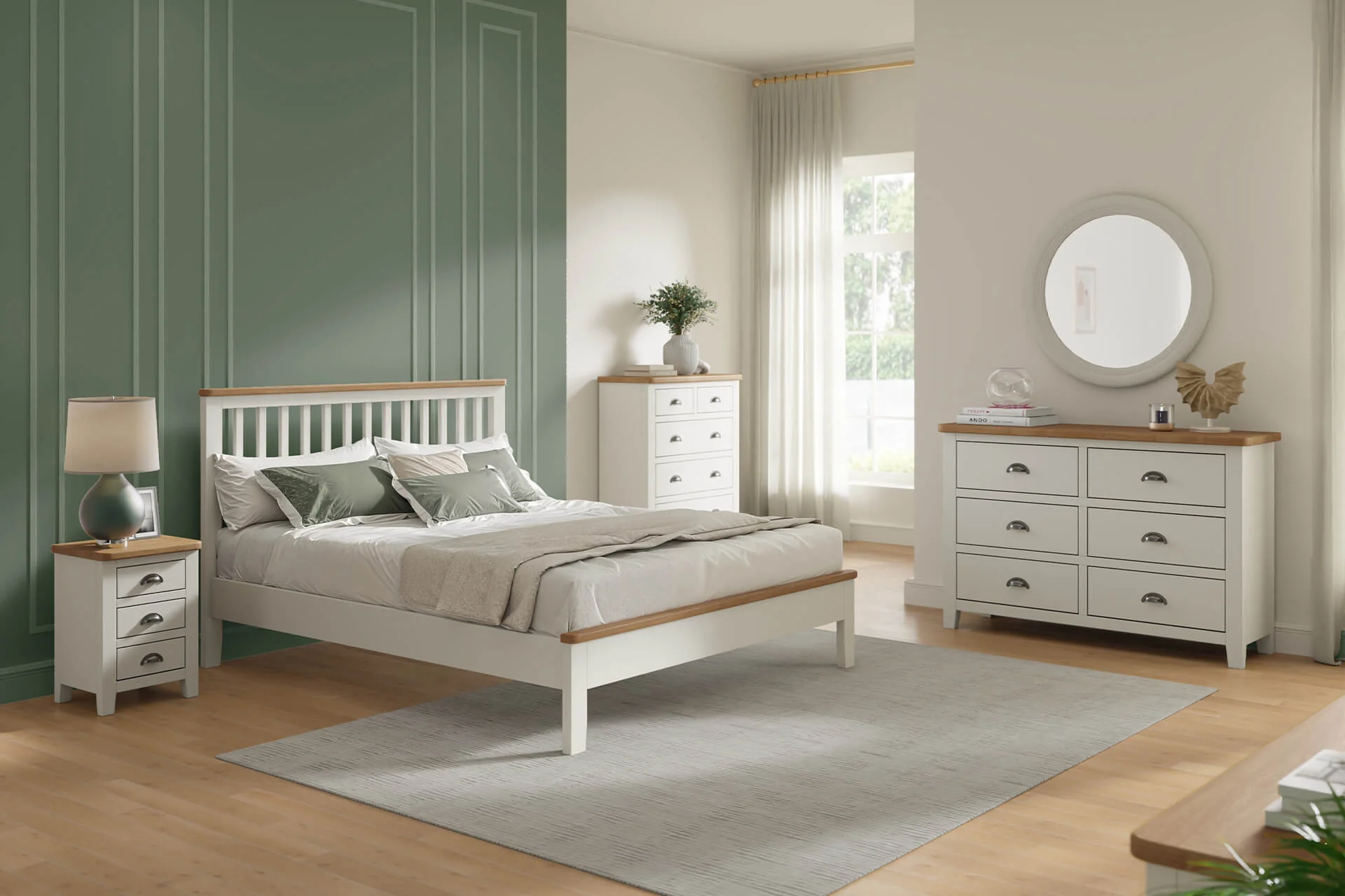 Mellor 5 Drawer Tall Chest – Cashmere Finish with Oak Veneer Top 950mm - Image 3