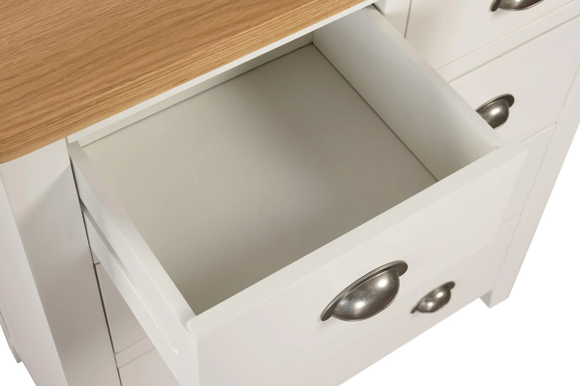 Mellor 5 Drawer Tall Chest – Cashmere Finish with Oak Veneer Top 950mm - Image 8