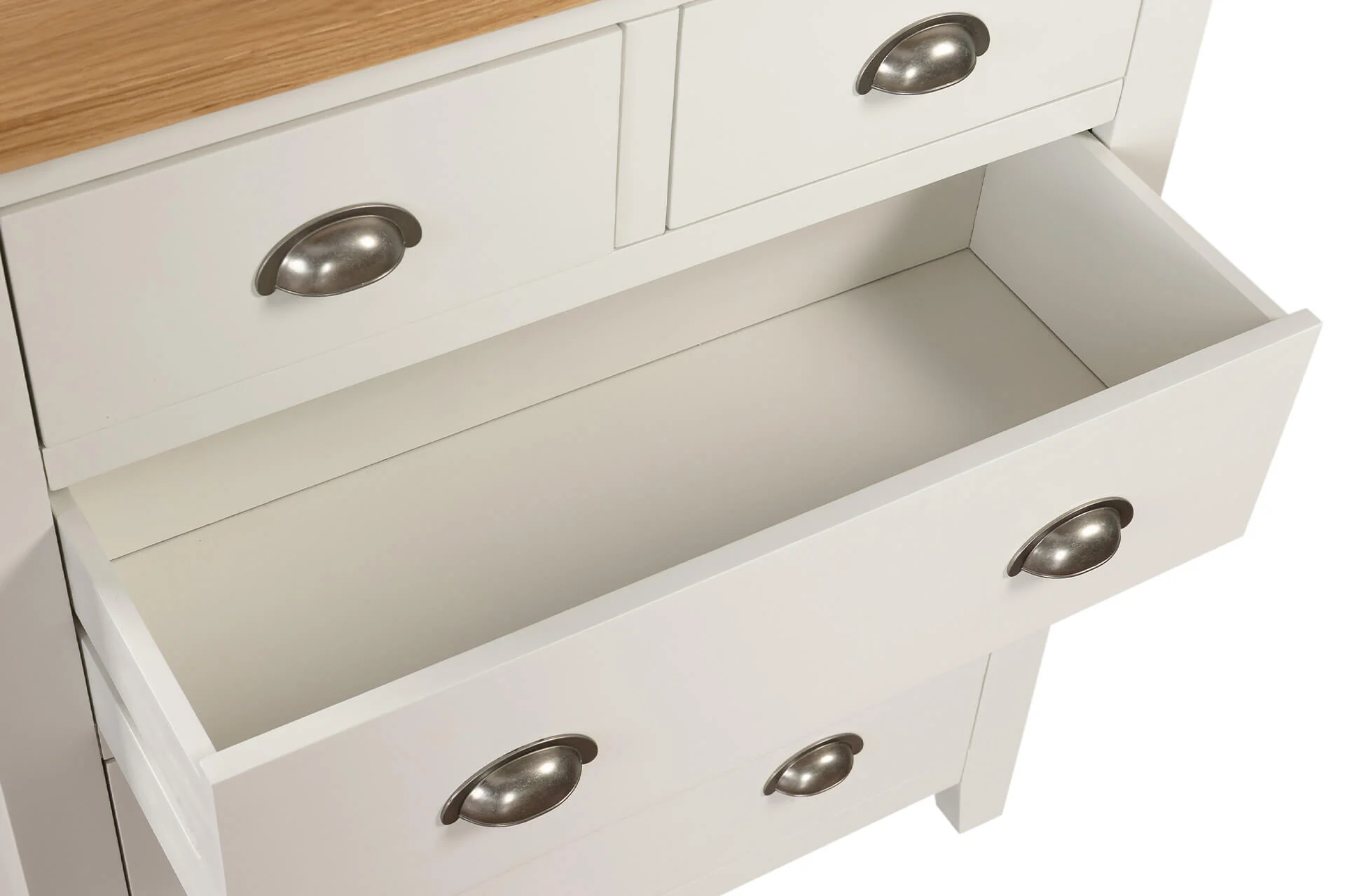 Mellor 5 Drawer Tall Chest – Cashmere Finish with Oak Veneer Top 950mm - Image 9