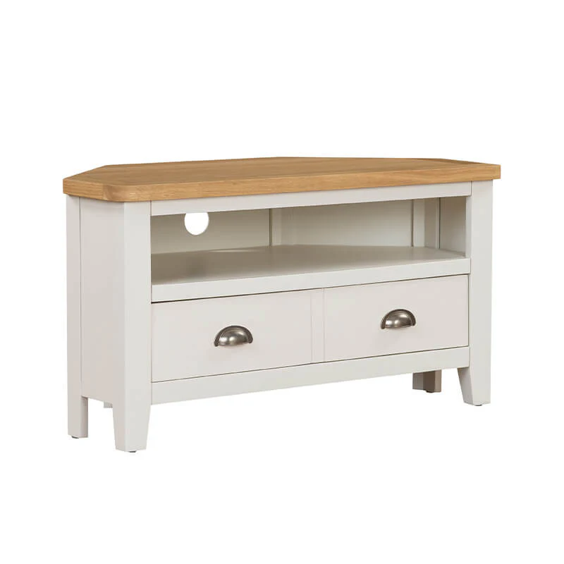 Mellor Corner TV Unit 900 – Cashmere Finish with Oak Veneer Top (Pre-order for September)