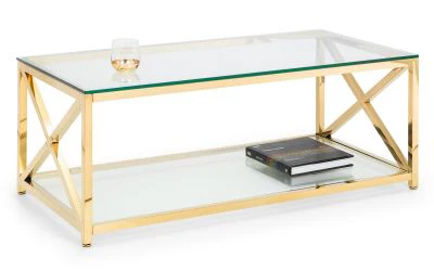 Miami Coffee Table – Gold with Tempered Glass and Art Deco Cross Frame Design - Image 3