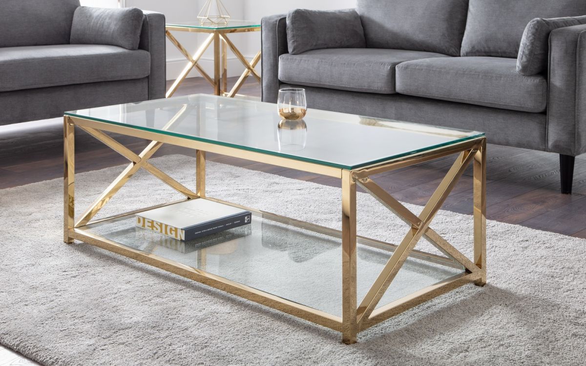Miami Coffee Table – Gold with Tempered Glass and Art Deco Cross Frame Design - Image 4