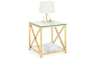 Miami Lamp Table – Gold with Tempered Glass and Cross Frame Design - Image 4