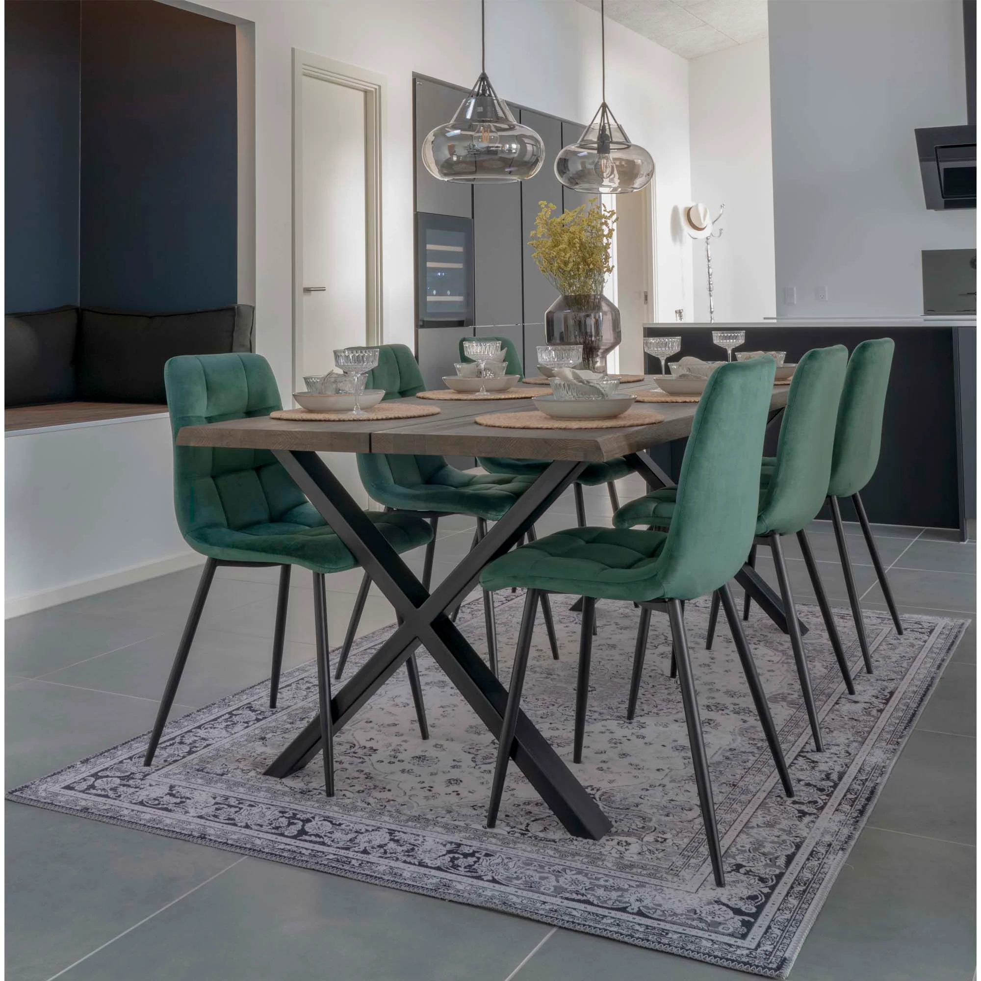 Middelfart Dining Chair Option 5 – Dark Green Velvet with Steel Frame