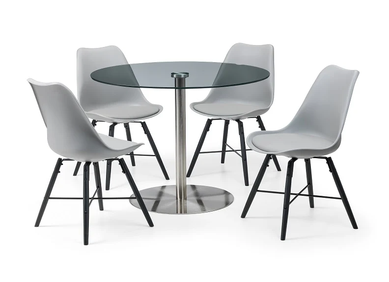 Milan Round Glass Table & Kari Chair Set – Clear Glass Top with Brushed Steel Base - Image 10